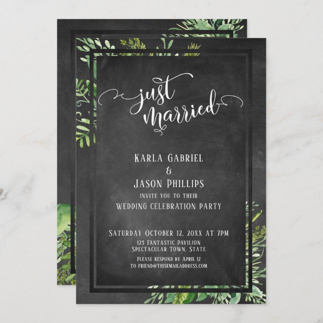 Just Married Script Greenery Bouquet & Chalkboard Invitation (Front/Back)