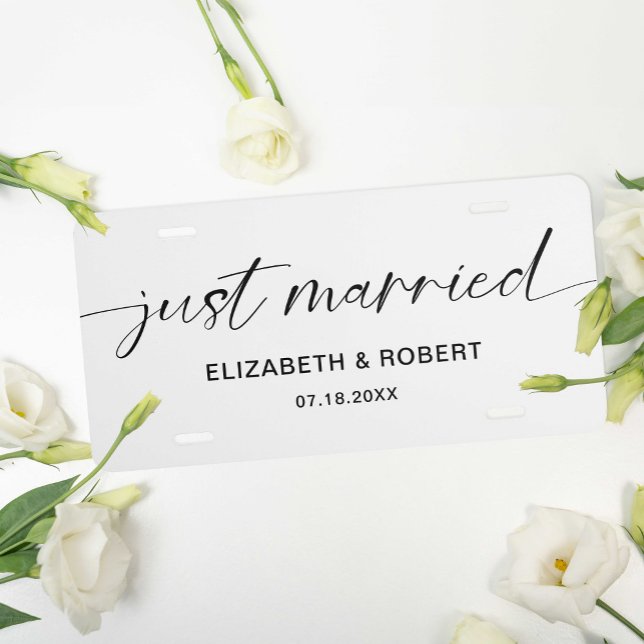 Just Married Script Minimalist Elegant Simple License Plate (Creator Uploaded)