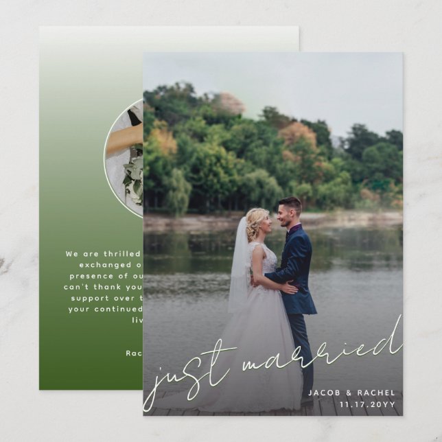 Just Married Script Overlay Green Photo Wedding Announcement (Front/Back)