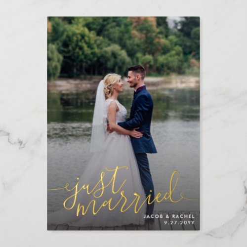 Just Married Script Overlay Wedding Announcment Foil Invitation
