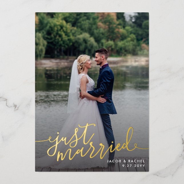 Just Married Script Overlay Wedding Announcment Foil Invitation (Front)