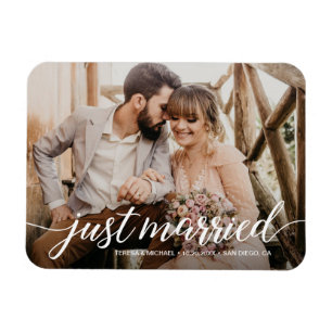 Just Married Script Overlay Wedding Photo Magnet