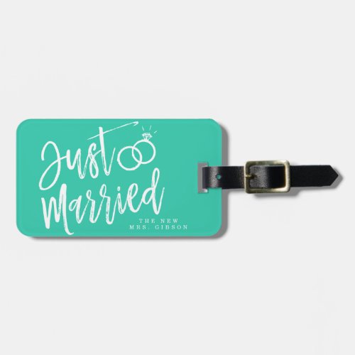 Just Married Script  Personalized Aqua Luggage Tag