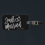 Just Married Script | Personalized Luggage Tag<br><div class="desc">Let the whole world know about your recent matrimony with this unique black-and-white script themed item. 

It features the words "just married" in script style font.  Underneath is a spot for the name of the bride or groom.</div>