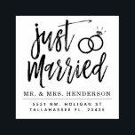 Just Married Script | Personalized Rubber Stamp<br><div class="desc">Let the whole world know about your recent matrimony with this unique black-and-white script themed stamp. 

It features the words "just married" in script style font. Underneath this is a spot for your address details.</div>