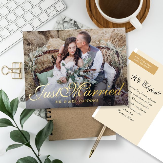 Just Married Script Photo Foil Invitation Postcard (Creator Uploaded)