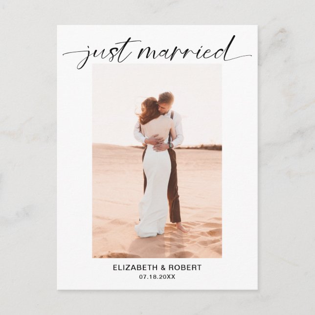 Just Married Script Photo Minimalist Elegant Chic Announcement Postcard (Front)