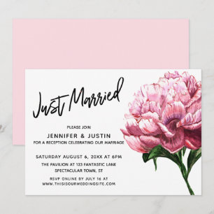 Just Married Script, Pink Watercolor Peony Flower Invitation