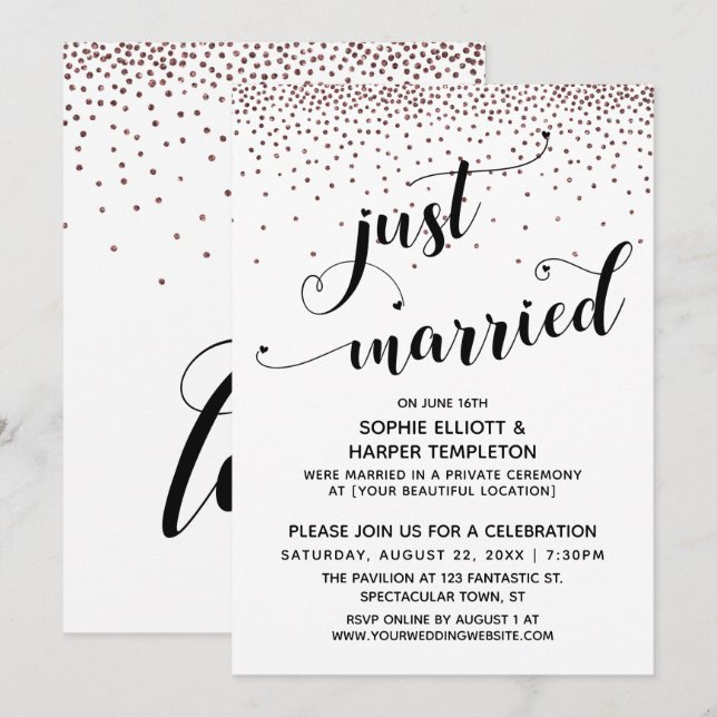 Just Married Script Rose Gold Confetti Reception Invitation (Front/Back)