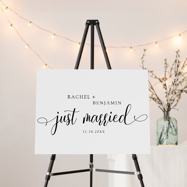 Just Married Script Traditional Simple Black  Foam Board (In Situ (Stand))