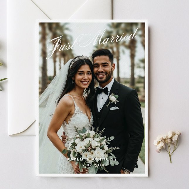 Just Married Script Wedding Announcement Card (Creator Uploaded)