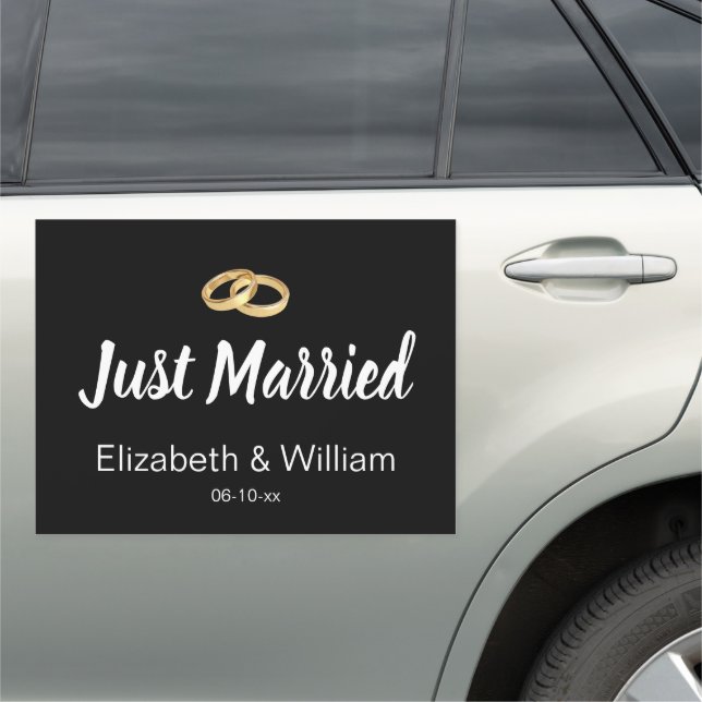 Just Married Script Wedding Rings Bride Groom Name Car Magnet (In Situ)