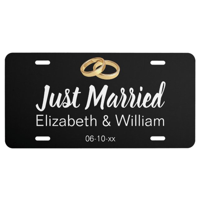 Just Married Script Wedding Rings Bride Groom Name License Plate (Front)