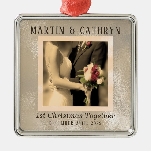 Just Married Sepia Wedding 1st Christmas Metal Ornament (Front)
