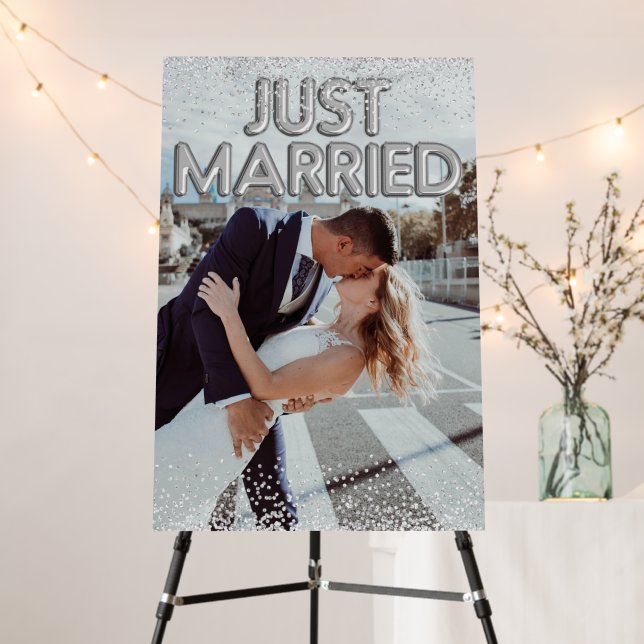 Just Married Silver Balloons Wedding Photo Sign (In Situ (Stand))