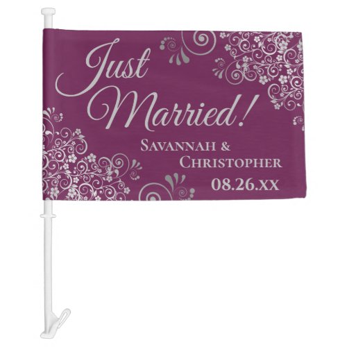 Just Married Silver Frills Cassis Purple Newlyweds Car Flag
