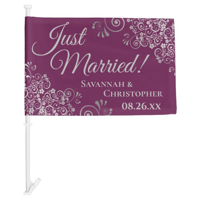 Just Married Silver Frills Cassis Purple Newlyweds Car Flag (Front)