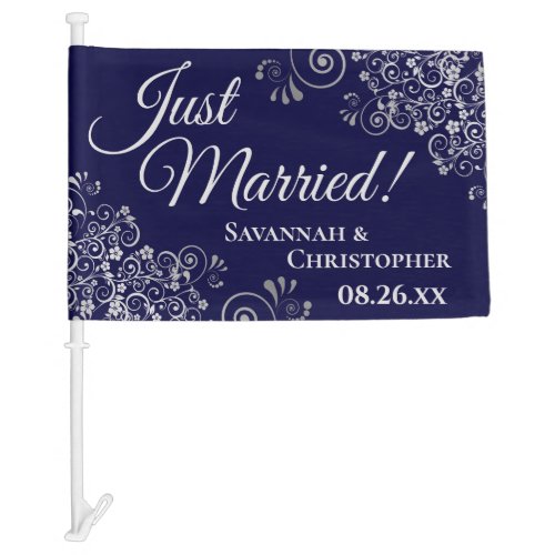 Just Married Silver Frills on Navy Blue Newlyweds Car Flag