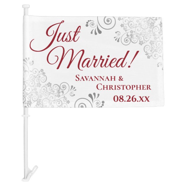 Just Married Silver Frills Red & White Newlyweds Car Flag (Front)