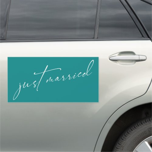 Just Married Simple Elegant Typography Teal Car Magnet