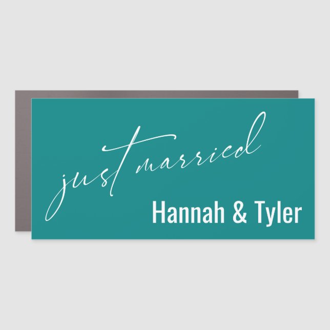 Just Married Simple Elegant Typography, Teal Car Magnet (Front)