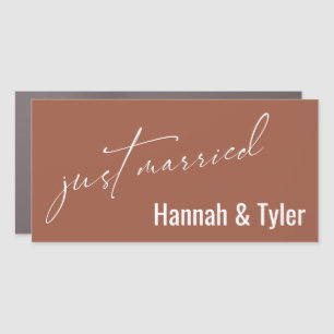 Just Married Simple Elegant Typography, Terracotta Car Magnet