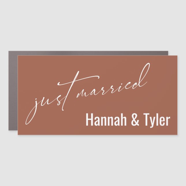 Just Married Simple Elegant Typography, Terracotta Car Magnet (Front)