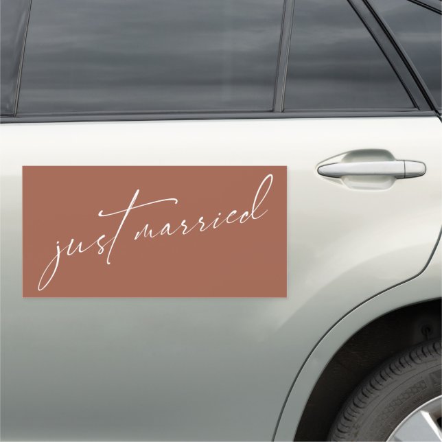 Just Married Simple Elegant Typography, Terracotta Car Magnet (In Situ)