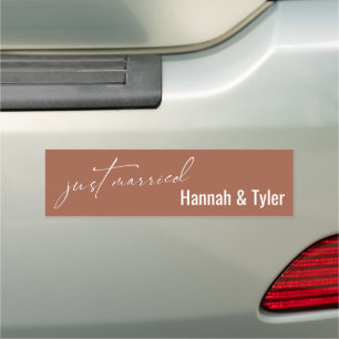 Just Married Simple Elegant Typography, Terracotta Car Magnet