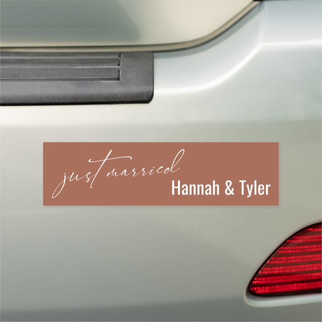 Just Married Simple Elegant Typography, Terracotta Car Magnet (In Situ)