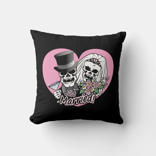 Just Married Skulls Throw Pillow (Front)