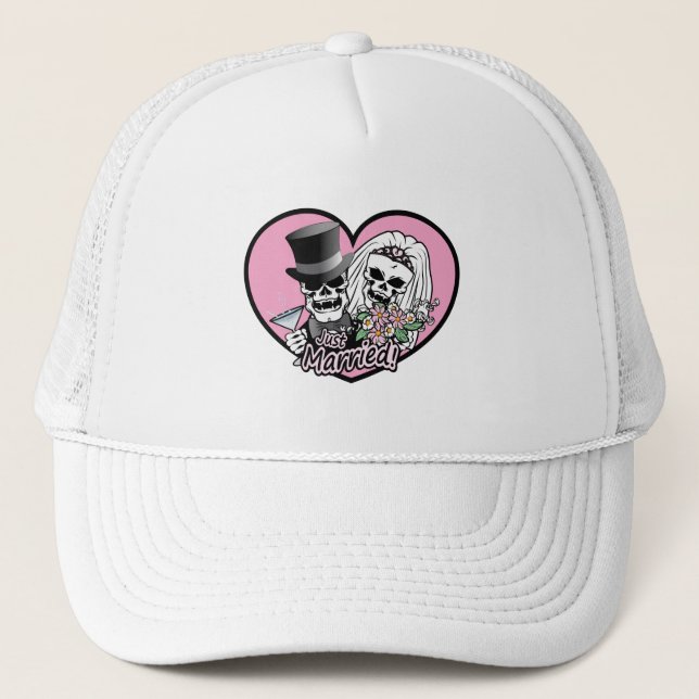Just Married Skulls Trucker Hat (Front)
