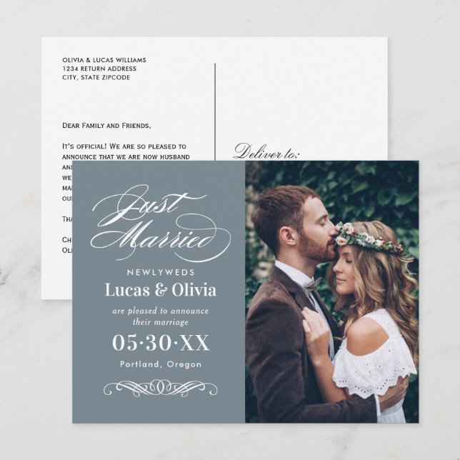 Just Married Slate Gray Elegant Wedding Photo Announcement Postcard (Front/Back)