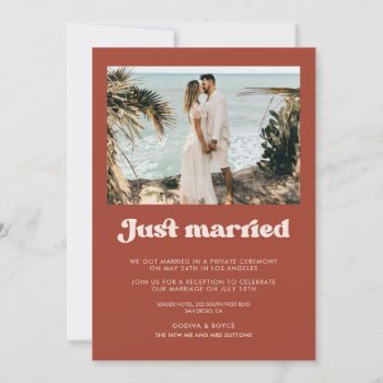 Just Married Stylish Retro Terracotta Photo Card by LemonBox at Zazzle