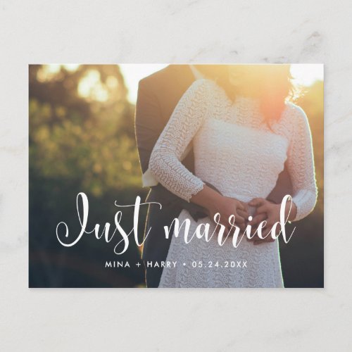 Just married Stylish wedding photo Postcard