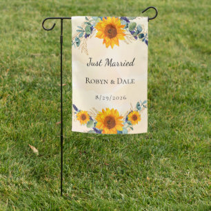 Just married sunflower eucalyptus greenery garden flag