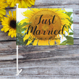 Just Married Sunflower Photo Bride and Groom Names Car Flag