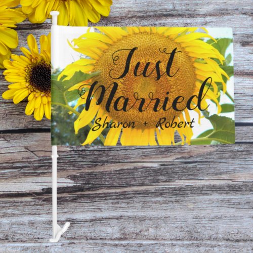 Just Married Sunflower Photo Bride and Groom Names Car Flag