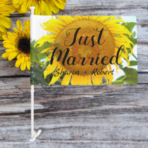 Just Married Sunflower Wedding Newlyweds Car Flag