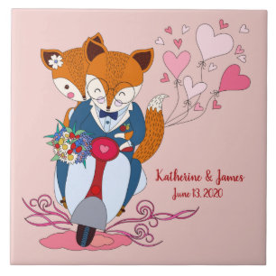 Just Married, Sweet Foxes on Bike, Customized Ceramic Tile