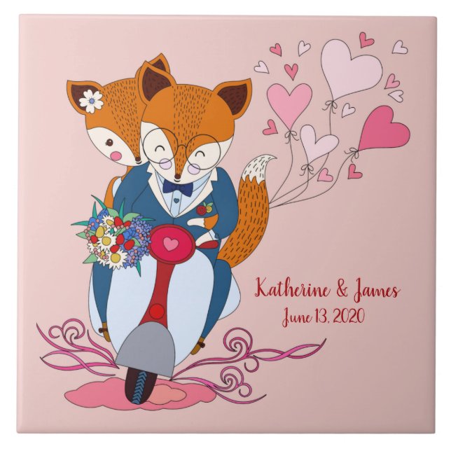 Just Married, Sweet Foxes on Bike, Customized Ceramic Tile (Front)