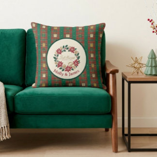 Just Married Tartan Plaid Christmas Wreath Couple Throw Pillow