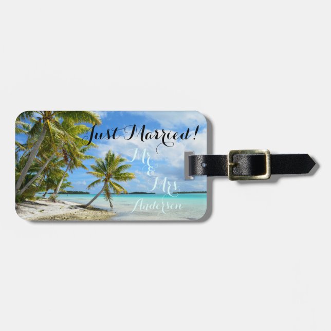 Just married tropical honeymoon travel luggage tag (Front Horizontal)