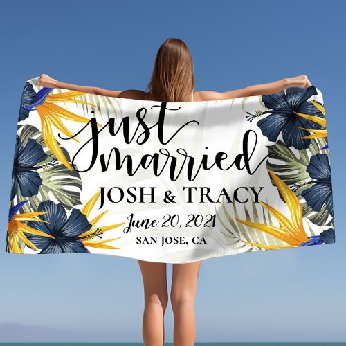 Just Married Tropical Newlyweds Personalized Gifts Beach Towel