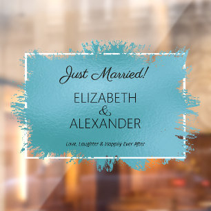 Just Married! Turquoise Faux Foil Window Cling