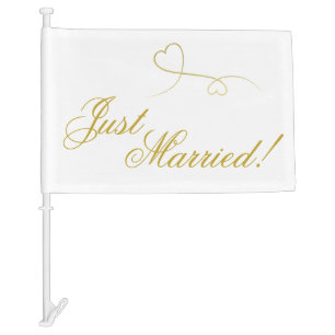 Just Married! Two Gold Hearts Elegant Wedding Car Flag