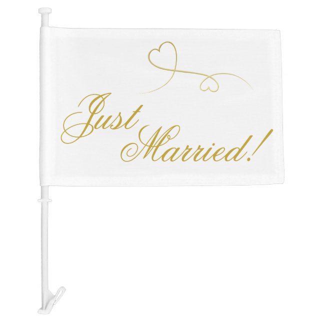 Just Married! | Two Gold Hearts | Elegant Wedding Car Flag (Front)
