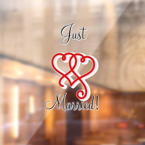 Just Married Two Linked Swirly Red Hearts Car Window Cling