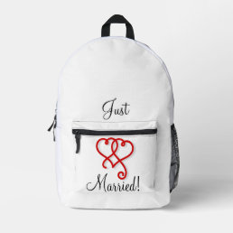 Just Married Two Linked Swirly Red Hearts Printed Backpack