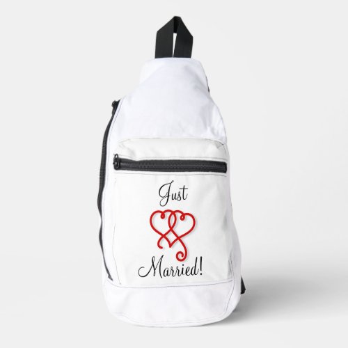 Just Married Two Linked Swirly Red Hearts Sling Bag